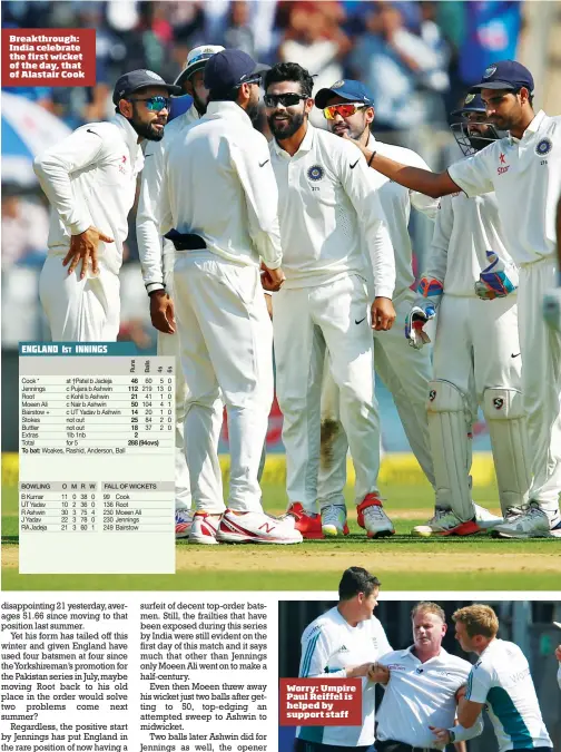  ??  ?? Breakthrou­gh: India celebrate the first wicket of the day, that of Alastair Cook