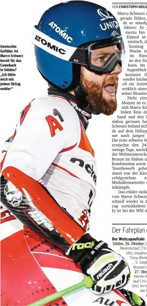  ??  ?? Gemischte Gefühle: Ist Marco Schwarz bereit für das Comeback in Sölden? „Ich fühle mich mit jedem Skitag wohler“