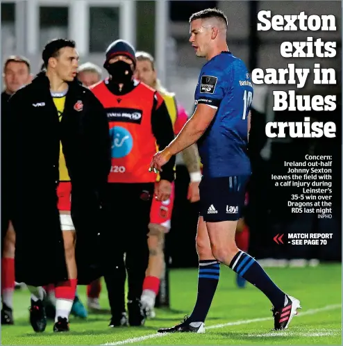  ?? INPHO ?? Concern: Ireland out-half Johnny Sexton leaves the field with a calf injury during Leinster’s 35-5 win over Dragons at the RDS last night