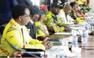  ?? — Picture: Memory Mangombe ?? Members of the ZANU PF Politburo follow proceeding­s during the 374th ordinary session of the party’s organ in Harare yesterday.