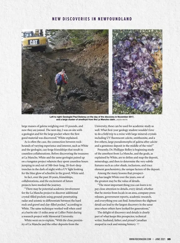  ?? JASON WHITE ?? Left to right: Geologist Paul Delaney on the day of the discovery in November 2017, and a large cluster of amethyst from the La Manche claim.