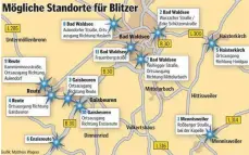  ?? GRAFIK: MATTHIAS WAGNER ?? Das sind die untersucht­en Standorte für mögliche Blitzer im Gebiet Bad Waldsee – und ihr Rang in der Liste.