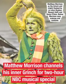  ??  ?? Matthew Morrison as the Grinch and (right) flanked by co-stars Booboo Stewart (left) and Denis O’Hare. Below: Morrison sans makeup and costume.