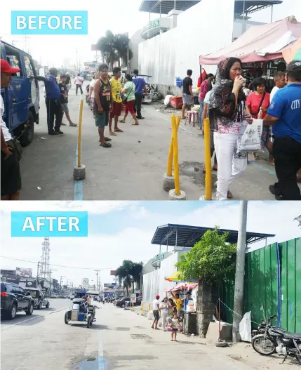  ??  ?? BEFORE AND AFTER. The old and new look of Mac Arthur Highway along Barangay Dolores following the marking of bike lanes and clearing of obstructio­ns conducted by the DPWH and City Government of San Fernando.