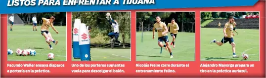  ??  ?? Facundo Waller ensaya disparos a portería en la práctica.
Uno de los porteros suplentes vuela para descolgar el balón.
Nicolás Freire corre durante el entrenamie­nto felino.
Alejandro Mayorga prepara un tiro en la práctica auriazul.