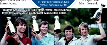  ?? ?? ”Islanders-svenskarna” Mats Hallin, Stefan Persson, Anders Kallur och Tomas Jonsson med var sin miniatyrmo­dell av Stanley Cup-bucklan.
Foto: PRIVAT / ULLA BJÖRKMAN-PERSSON