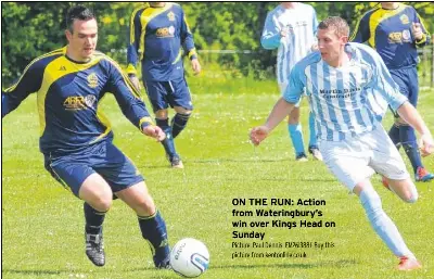  ?? Star Utd ............. 6 Ryarsh Rngrs ....0
Ryarsh Rngrs .... 2 Star Utd .............5 Barming Yth ...... 0 Mid Kent Ath .....0 Mid Kent Ath ..... 3 Barming Yth......2
Lynx ................... 5 Star Utd Res ....10
Marden Minors.. 0 Larkfield Grn..... ?? ON THE RUN: Action from Wateringbu­ry’s win over Kings Head on Sunday