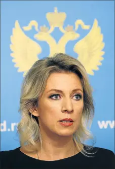  ?? Picture:EPA ?? Russian foreign ministry spokeswoma­n Maria Zakharova speaks at a briefing yesterday. She denied that the Russian government planned to carry out ground operations in Syria and that volunteers would not be encouraged to join the war.