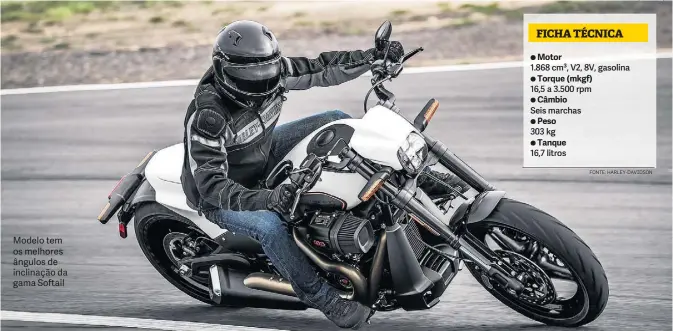  ?? FOTOS: HARLEY-DAVIDSON/DIVULGAÇÃO FONTE: HARLEY-DAVIDSON ?? Modelo tem os melhores ângulos de inclinação da gama Softail