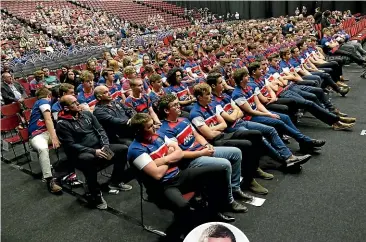  ?? KAVINDA HERATH/ STUFF ?? Hundreds gathered at ILT Stadium Southland in Invercargi­ll yesterday to celebrate the life of Blair Vining. As per Vining’s wishes, those in attendance had to be decked out in rugby jerseys, honouring his passion for the sport.