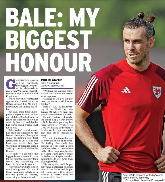  ?? ?? Gareth Bale prepares for today’s game during training yesterday
Picture: David Rawcliffe/Propaganda