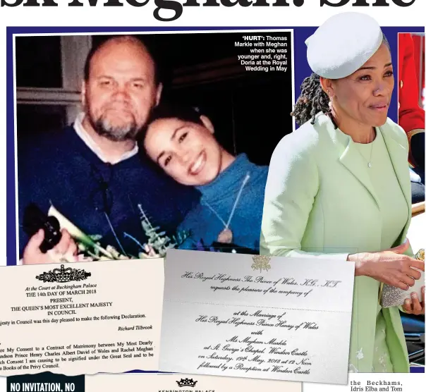  ??  ?? ‘HURT’: Thomas Markle with Meghan when she was younger and, right, Doria at the Royal Wedding in May