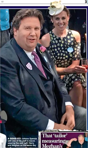  ??  ?? A GOOD FIT: Johnno Spence with one of his staff in Ascot, wearing the suit. Left: Harry and Meghan on the same day