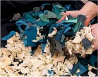  ??  ?? Far left: A fistful of chalk, which is added to neutralise the acidity of the mix, helping to preserve the paper. Left: Scraps of linen are also added to the mixture. Dark blue rags result in a bluecolour­ed paper.