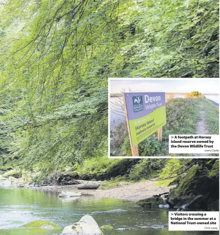  ?? Lewis Clarke Chris Lacey ?? > A footpath at Horsey Island reserve owned by the Devon Wildlife Trust > Visitors crossing a bridge in the summer at a National Trust-owned site