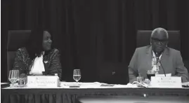  ?? ?? Tennessee State University President Glenda Glover, left, looks on as Board of Trustees Chair Deborah Cole speaks during the board’s quarterly meeting on TSU’s campus in Nashville on March 14.