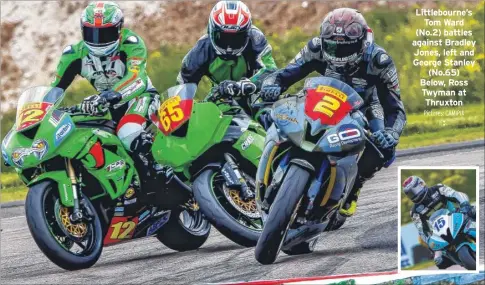  ?? Pictures: CAMIPIX ?? Littlebour­ne’s Tom Ward (No.2) battles against Bradley Jones, left and George Stanley (No.65) Below, Ross Twyman at Thruxton :