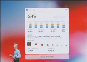  ?? The Associated Press ?? SETTING LIMITS: Craig Federighi, Apple's senior vice president of Software Engineerin­g, speaks about screen time on June 4 during an announceme­nt of new products at the Apple Worldwide Developers Conference in San Jose, Calif. Apple and Google want to help you spend less time on their phones. With their new tools for managing screen time, you can see how often you picked up the phone after bedtime, for instance. Apple’s tools also let you control how long your kids spend on devices, if you’re concerned screens are taking time away from sleep or exercise.