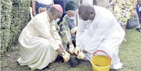  ??  ?? L-R: Alfred Adewale Martins. Catholic Archbishop of the Metropolit­an See of Lagos; Marie Fatayi-williams, coordinato­r of Network of Young Catholic Carers for the Environmen­t in Nigeria (NYCCEN), and Marcellinu­s Teko, administra­tor of the Holy Cross Cathedral, at the final week of the 2020 season creation, jubilee for the earth commemorat­ive tree plating at the grounds of the Cathedral Lagos.