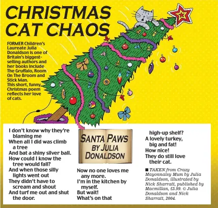  ??  ?? FORMER Children’s Laureate Julia Donaldson is one of Britain’s biggestsel­ling authors and her books include The Gruffalo, Room On The Broom and Stick Man. This short, funny Christmas poem reflects her love of cats.