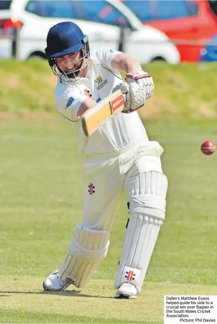  ?? ?? Dafen’s Matthew Evans helped guide his side to a crucial win over Baglan in the South Wales Cricket Associatio­n.
Picture: Phil Davies