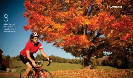  ??  ?? Biking through the autumn woodlands of Massachuse­tts