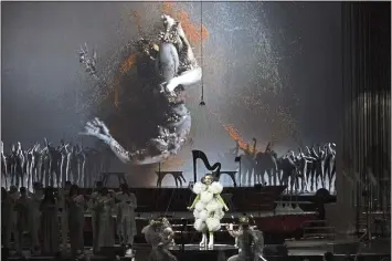  ?? ?? Björk and her sizable troupe perform during the Cornucopia tour at the Shrine Auditorium in Los Angeles. The tour, which debuted in 2019and was interrupte­d by the COVID-19pandemic, is based on her most recent album, 2017’s “Utopia.”