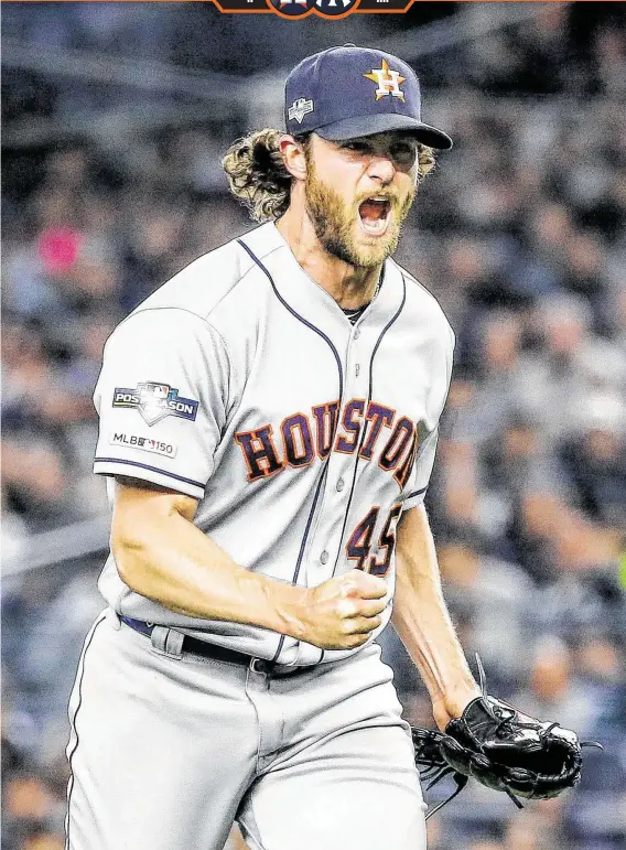  ?? Karen Warren / Staff photograph­er ?? Gerrit Cole is fired up after striking out the Yankees’ Aaron Hicks to end the sixth for one of Cole’s seven K’s. That ended his MLB record run of 10-strikeout games.