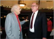  ?? RECORDER PHOTO BY CHIEKO HARA ?? Richard Schlagel, left, congratula­tes Jim Crichlow, Portervill­e College Athletic Hall of Fame inductee, Friday, Feb. 2, after the induction ceremony, hosted by Portervill­e College Foundation, at River Island Country Club. Schlagel was Crichlow's sixth...