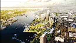  ?? OAKLAND A’S — CONTRIBUTE­D ?? The Howard Terminal site and the proposed A’s ballpark are shown in a rendering supplied by the Oakland A’s.