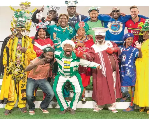  ?? PICTURES: MRSK/MARISKA ?? FOOTBALL COLOURS: Gladys Gailey, the ‘First Lady of Football’, centre in a green hat, surrounded by colourful examples of superfan fashion. Below are snapshots from the launch of this year’s Nedbank Cup Football Fan Couture Contest.