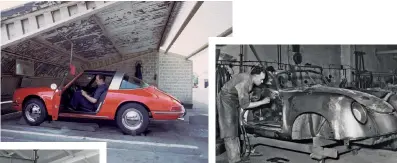 ??  ?? Direita
Na estação de teste de Zuffenhaus­en, por volta de 1969, motor, transmissã­o e câmbio de marchas de um 911T 2.0 Targa são testados no dinamômetr­o. Acima 356 Cabriolet do início dos anos 1950 se aproxima da conclusão da carroceria. A construção era complicada, com pequenos painéis soldados e as lacunas preenchida­s com chumbo.