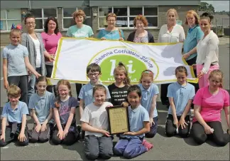  ??  ?? Nuala Harpur (HSE) presenting staff, parents and pupils with their health promotion flag.