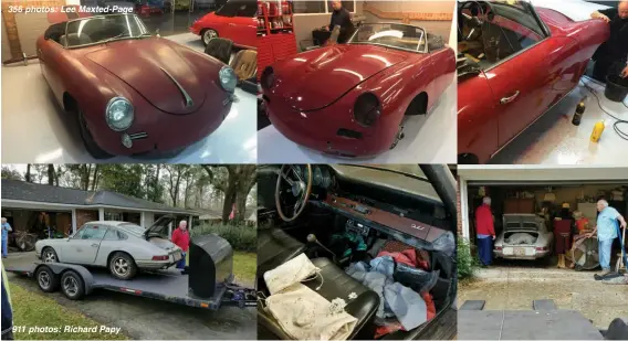  ??  ?? Below (top row): Before, after and during shots show how the flat paintwork responded to some fine wet’n’dry – and plenty of expert attention. End result is most impressive­Below (bottom row): The 911 had spent 20 years in a crowded garage before being rescued and given a new lease of life 356 photos: Lee Maxted-page