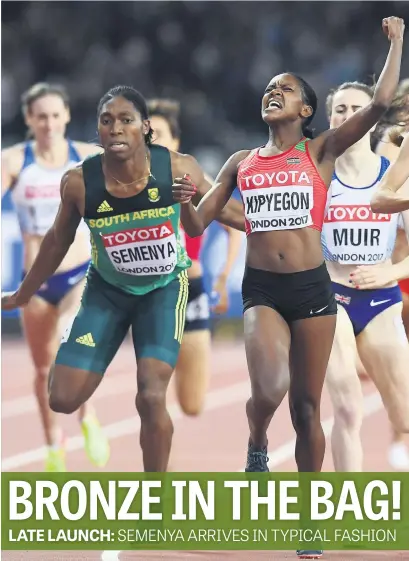  ?? Picture: AFP ?? SEMENYA STYLE. South Africa’s Caster Semenya, left, lunges for the line during the 1500m women’s final at the World Championsh­ips in London last night. Faith Kipyegon of Kenya, right, won the race in a time of 4:02.90, followed by runner-up Jennifer...