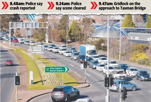  ?? Picture: RICHARD JUPE ?? STANDSTILL: Cars banked up on the Tasman Highway heading out of the Hobart CBD yesterday morning.