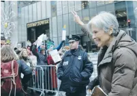  ?? (Reuters) ?? GREEN PARTY presidenti­al nominee Jill Stein waves to supporters as she leaves a news conference outside Trump Tower in Manhattan earlier this week.