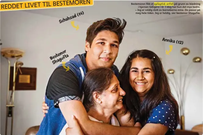  ??  ?? Schahzad(14) Bestemor Shagufta Bestemoren fikk et epileptisk anfall på grunn av blødning i hjernen tidligere i år. I dag har hun det mye bedre. – Jeg er veldig stolt av barnebarna mine. De passer på meg hele tiden. Jeg er heldig, sier bestemor Shagufta. Annika (12)