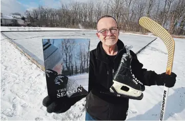  ?? CLIFFORD SKARSTEDT EXAMINER ?? Radio personalit­y Gordon Gibb, author of
“The Fifth Season” — a story about two friends and an unlikely character, an ice rink — drops by Stenson Park with a copy of his book.