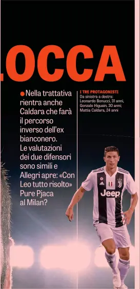  ??  ?? I TRE PROTAGONIS­TIDa sinistra a destra: Leonardo Bonucci, 31 anni, Gonzalo Higuain, 30 anni; Mattia Caldara, 24 anni