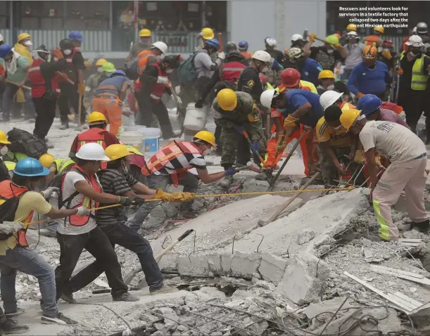  ??  ?? Rescuers and volunteers look for survivors in a textile factory that collapsed two days after the recent Mexican earthquake