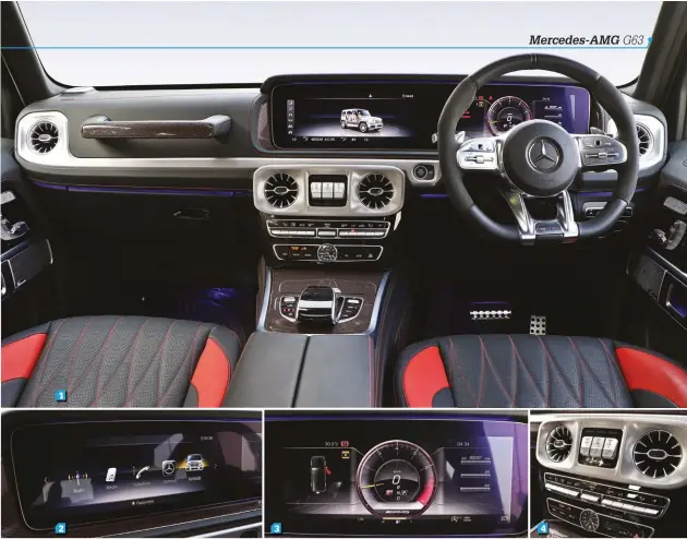  ??  ?? 1. Thoroughly modern interior displays high levels of quality. 2. The screen for the infotainme­nt setup is not touch enabled. 3. Customizab­le all-digital instrument panel finds its way into the new G-Wagen. 4. Buttons for the differenti­al locks is located between the central air conditioni­ng vents. 5. There is a sunroof on offer but not the panoramic kind. 6. Upholstery can be customized as per the customers preference­s