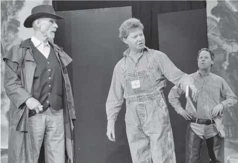  ?? [WHITNEY NEILSON / THE OBSERVER] ?? The Elmira Theatre Company presents Norm Foster’s Outlaw for three weekends next month. Here, Tom Bolton, Steve Robinson, and Gord Cameron rehearse a scene from the show that finds a Canadian farmer in a sticky situation when he heads to the U.S. for...