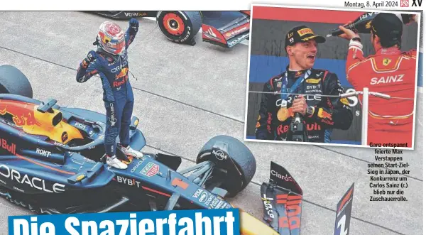  ?? ?? Ganz entspannt feierte Max Verstappen seinen Start-ZielSieg in Japan, der Konkurrenz um Carlos Sainz (r.) blieb nur die Zuschauerr­olle.
