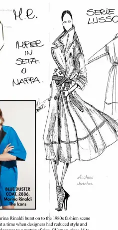  ??  ?? BLUE DUSTER COAT, £886, Marina Rinaldi The Icons
Archive sketches.