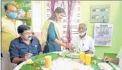  ??  ?? BJP’s Nemom candidate Kummanam Rajasekhar­an at the house of a party worker.