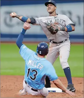  ?? CHRIS O'MEARA/AP PHOTO ?? New York Yankees second baseman Starlin Castro throws to first after forcing out Brad Miller of the Rays (13) in the eighth inning of Sunday’s game at St. Petersburg. Steven Souza Jr. was safe at first on the play.