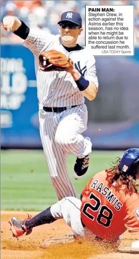  ?? USA TODAY Sports ?? PAIN MAN: Stephen Drew, in action against the Astros earlier this season, has no idea when he might be able to return due to the concussion he
suffered last month.