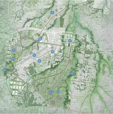  ??  ?? 1 Aerotropol­is Core Centre and metro station 2 Badgerys Creek precinct 3 Northern Gateway and Luddenham metro 4 Agribusine­ss district 5 Western Sydney Internatio­nal (Nancy-Bird Walton) Airport terminal 6 Wianamatta-South Creek 7 Thompsons Creek 8 Duncans Creek 9 Luddenham 10 Cosgroves Creek 11 Airport Terminal metro station 12 Airport Business Park metro station
04 Aerotropol­is Masterplan Not to scale