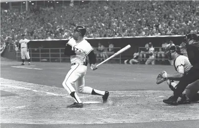  ?? AP ?? Willie Mays of the San Francisco Giants singles in the first inning of the 1968 All-Star Game. He came around to score the game’s only run.